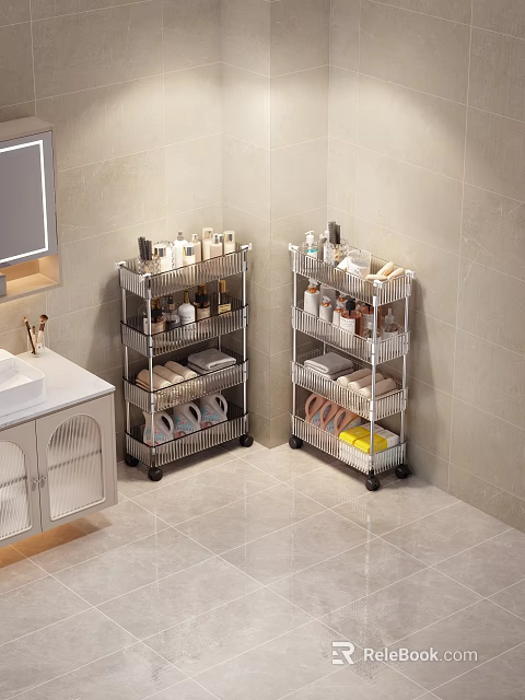 Bathroom Multi tiered Wheeled Storage Shelves With Toiletries Towels And Slippers 3d model 