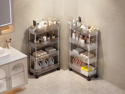 Bathroom Multi tiered Wheeled Storage Shelves With Toiletries Towels And Slippers 3d model