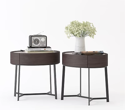 Modern Dark Wooden Nightstands With Metal Legs Vintage Radio Books And White Flower Vase 3d model