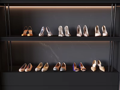 Various Color High Heels Display On Black Shoe Rack With Dark Background 3d model