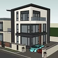 Modern Two Story Detached Villa With Large Windows Greenery And Cars Parked Front