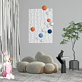 Gray Irregular Shaped Single Chair With Wall Art Orange Blue Dots And Green Plant