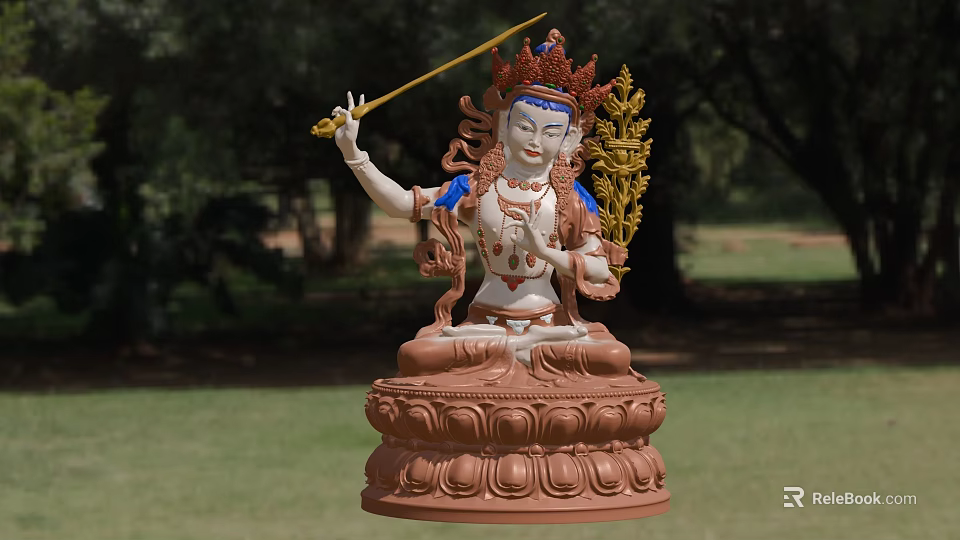 Seated Buddhist Game Character With Red Crown Golden Scepter And Lotus Base 3d model 