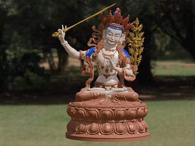 Seated Buddhist Game Character With Red Crown Golden Scepter And Lotus Base 3d model