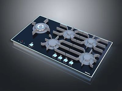 Modern Kitchen Gas Hob Appliance With Multiple Burners Control Knobs And Black Glass Surface 3d model
