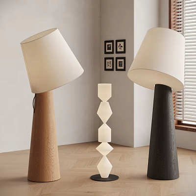 Modern Floor Lamps with Wooden Black Bases and Geometric White Column in Minimalist Interior Design 3d model