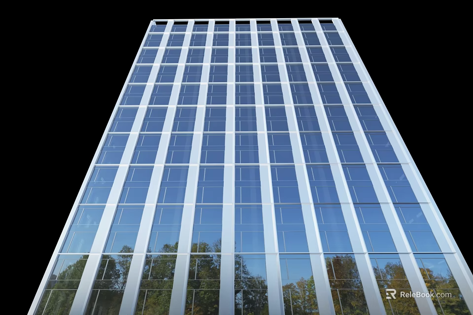 Modern Tall Office Building Exterior With Glass Facade Reflecting Green Trees 3d model 