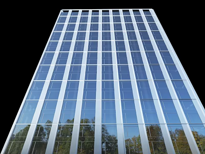 Modern Tall Office Building Exterior With Glass Facade Reflecting Green Trees 3d model