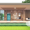 Modern Indoor Wooden Pergola Design With Large Windows Steps And Wooden Shelves