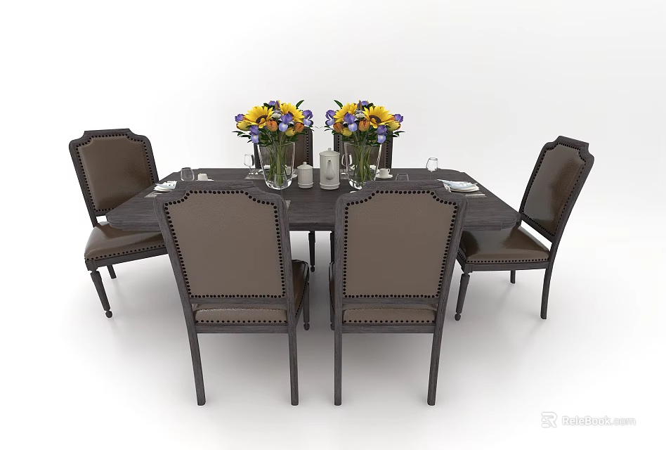 Elegant Dining Table Set With Leather Chairs Yellow Purple Flowers And Tableware 3d model