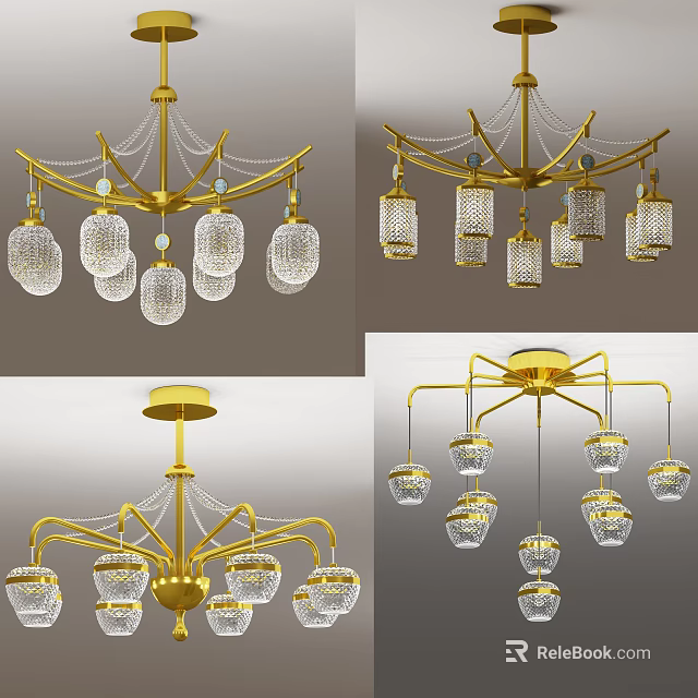 Elegant Golden Crystal Chandelier With Multiple Hanging Glass Shades Design 3d model 