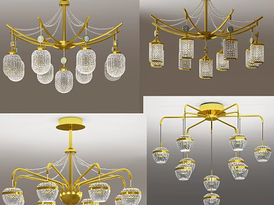 Elegant Golden Crystal Chandelier With Multiple Hanging Glass Shades Design 3d model