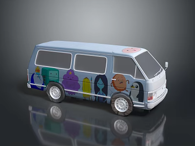 Light Blue Mini Van With Colorful Hand Painted Cartoon Characters On Sides 3d model