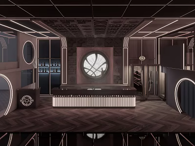 Modern Bar Interior Featuring Circular Window Bar Counter Neon Lights And Wooden Floor 3d model