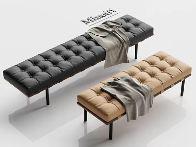 Modern Black and Beige Tufted Sofa Bench With Gray Blanket and Slim Legs 3d model