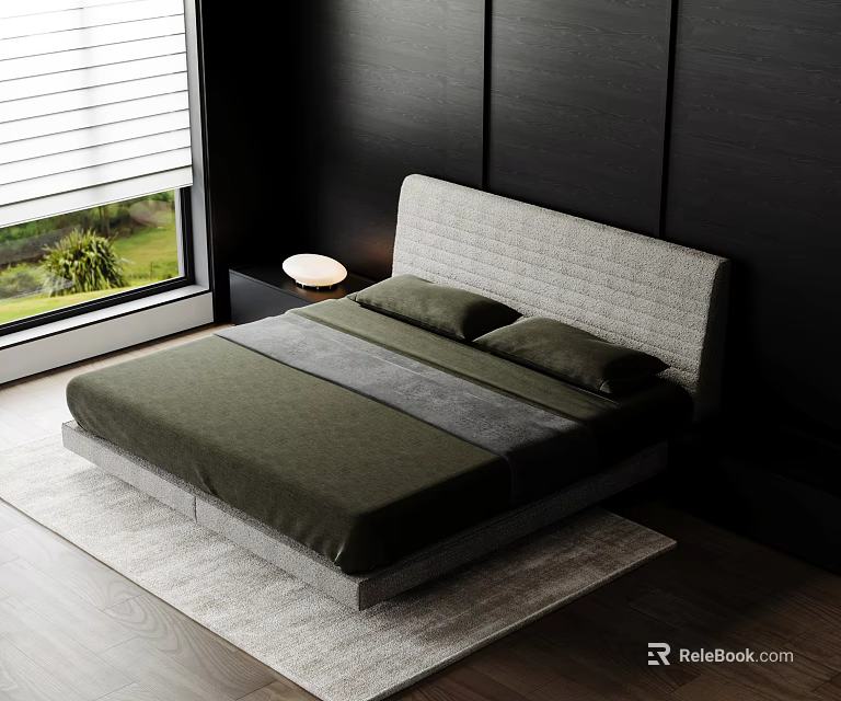 Modern Double Bed Interior With Padded Headboard And Green Bedspread On Rug 3d model 