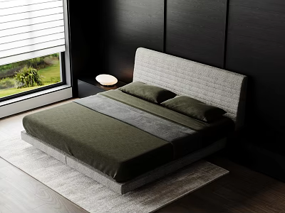 Modern Double Bed Interior With Padded Headboard And Green Bedspread On Rug 3d model