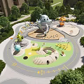 Outdoor Kids Playground With Giant Whale Slide Climbing Structures Colorful Circular Pathway And Greenery