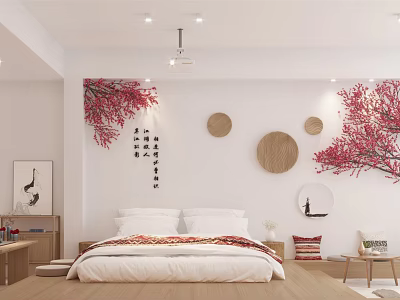 Hotel Room With Red Branch Decorations Circular Wooden Accents Calligraphy Characters White Bed Wooden Floor 3d model