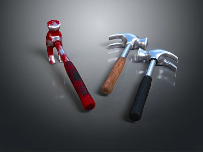Three Hardware Tools Hammers With Red Black Striped Wooden And Black Handles Silver Heads 3d model