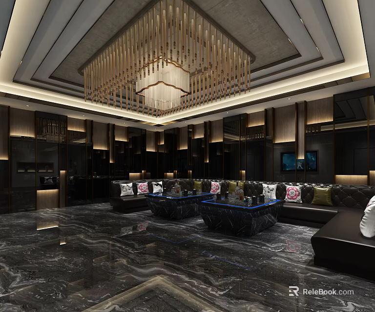 Luxurious KTV Interior Design With Elegant Sofas Chandelier And Marble Flooring 3d model