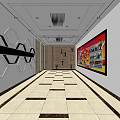 Elevator Hallway Interior With Marble Tiles Decorative Posters And Ceiling Lights 3d model