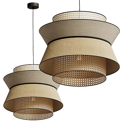 Two Modern Layered Pendant Lights With Beige And Gray Perforated Shades 3d model