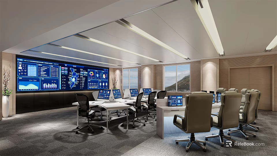 Modern Monitoring Room Interior Featuring Large Display Screens Multiple Computers and Workstations 3d model 