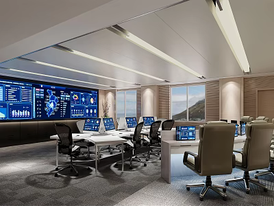 Modern Monitoring Room Interior Featuring Large Display Screens Multiple Computers and Workstations 3d model