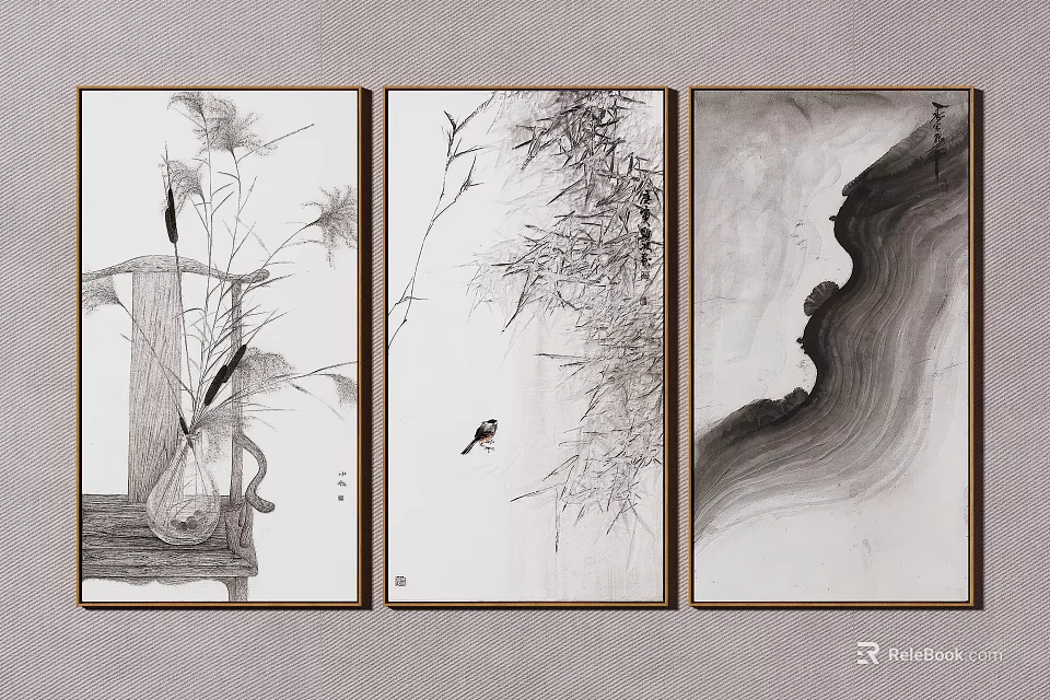 Three Panel Chinese Ink Paintings With Reed Bamboo Bird And Mountain Scenery 3d model 