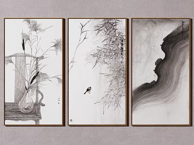 Three Panel Chinese Ink Paintings With Reed Bamboo Bird And Mountain Scenery 3d model