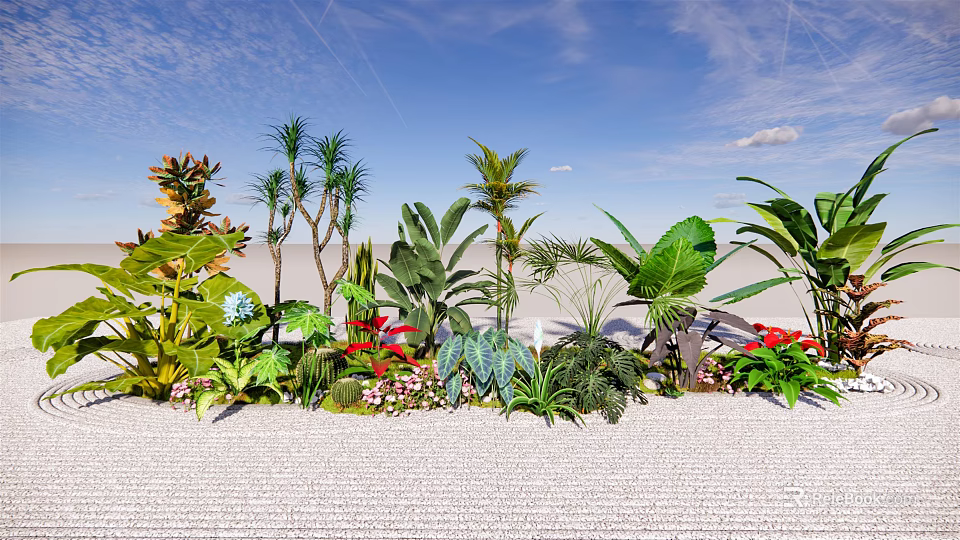 Lush Ground Cover With Diverse Tropical Plants And Colorful Flowers Under Blue Sky 3d model 