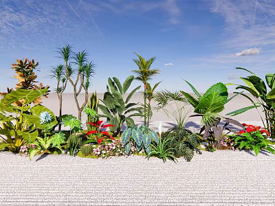 Lush Ground Cover With Diverse Tropical Plants And Colorful Flowers Under Blue Sky 3d model