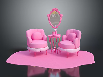 Cute Pink Furniture Set With Armchairs Mirror Side Table And Soft Rug 3d model