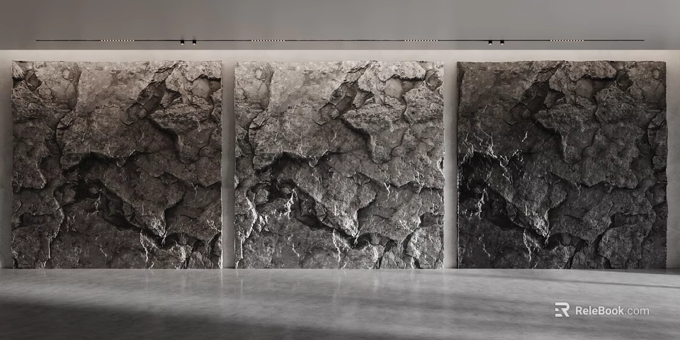 Modern Three Panel Stone Background Wall With Natural Rough Rock Texture 3d model 
