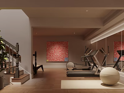 Basement Home Gym Space With Fitness Equipment And Art Decor 3d model