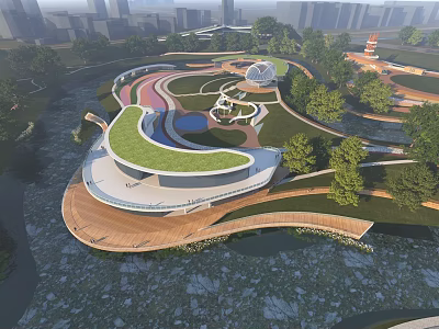 Aerial Planning of Modern Park with Green Roof Building Winding Walkways and Water Features 3d model
