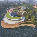 Aerial Planning of Modern Park with Green Roof Building Winding Walkways and Water Features