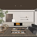 Modern Living Room Interior With Sofa Chairs Coffee Table Fireplace Artwork And Plant