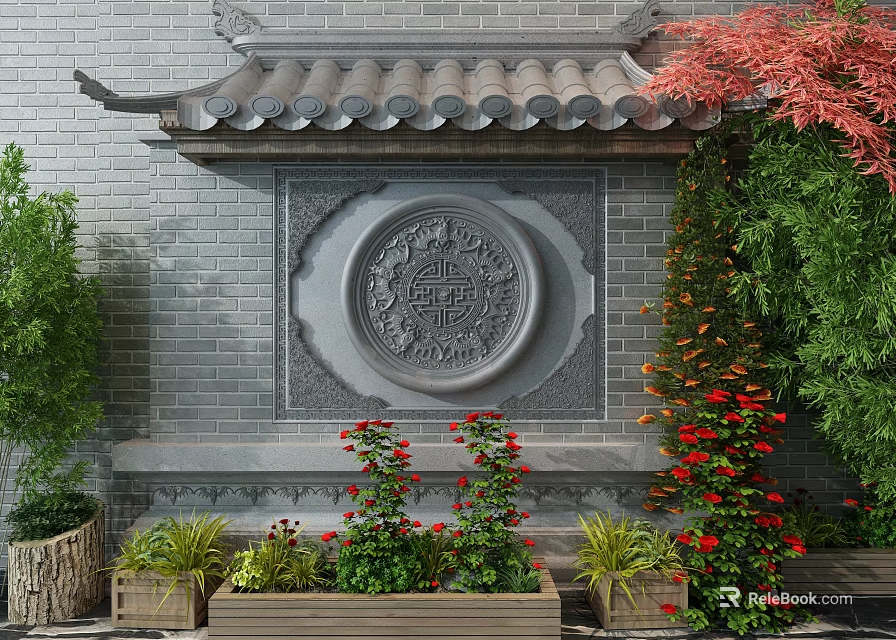 Traditional Brick Wall With Circular Relief Featuring Bonsai Potted Plants In Wooden Planters 3d model 