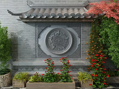 Traditional Brick Wall With Circular Relief Featuring Bonsai Potted Plants In Wooden Planters 3d model