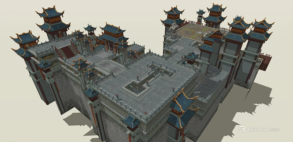 Ancient Chinese Architecture Featuring Traditional Upturned Eaves Gray Tile Roofs And Courtyard Layout 3d model 