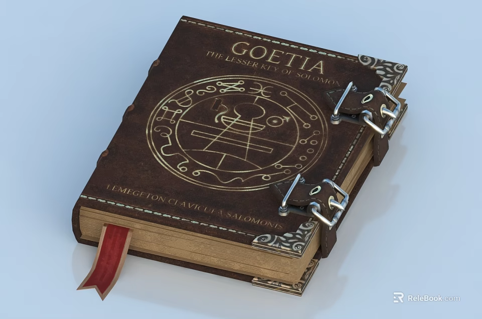 Goetia Ancient Leather Bound Book With Gold Symbols Metal Clasps And Red Ribbon 3d model 
