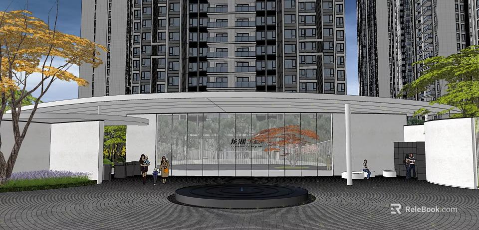 Modern High Rise Residential Landscape With Entrance Area Glass Screen Circular Fountain And Greenery 3d model 
