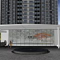 Modern High Rise Residential Landscape With Entrance Area Glass Screen Circular Fountain And Greenery