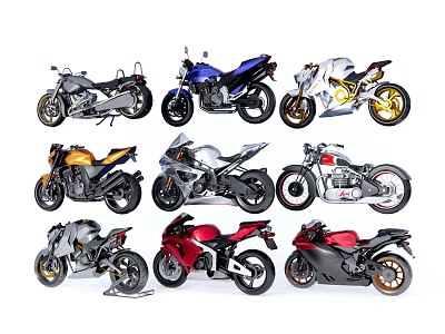 Various Model Motorcycles with Assorted Colors and Different Styles Displayed 3d model