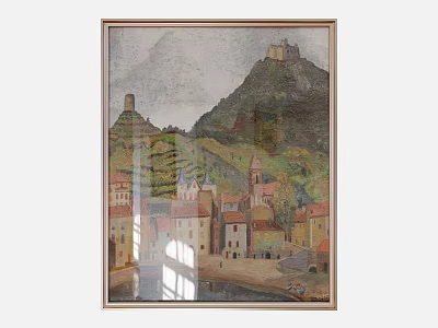 Scenic Oil Painting of Mountain Village with Castle Colorful Houses and River in Framed Artwork 3d model