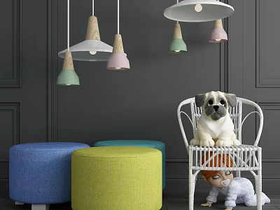 White Rattan Leisure Chair with Puppy Colorful Round Ottomans and Pendant Lights on Dark Wall 3d model