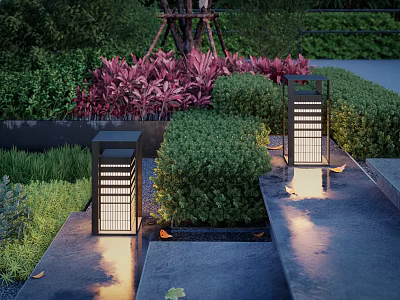 Outdoor Lights Illuminated Garden Pathway With Green Bushes And Landscaped Plants 3d model
