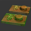 Two Delicious Hamburgers with Crispy French Fries on Wooden Serving Boards